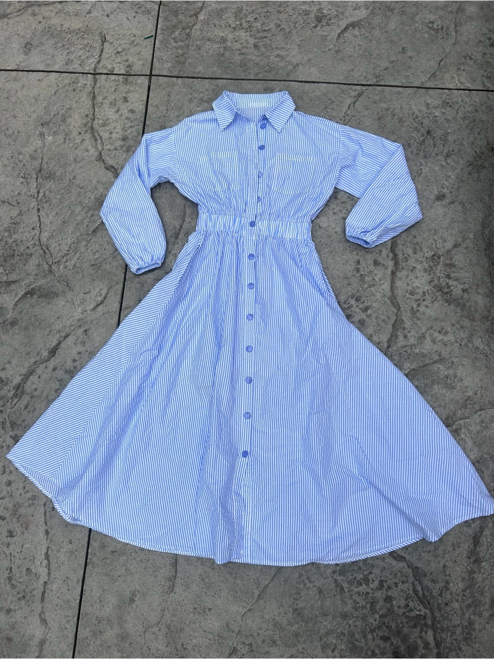 Blue White Striped Button Front Maxi Shirt Dress Elastic Waist - Picture 4 of 9